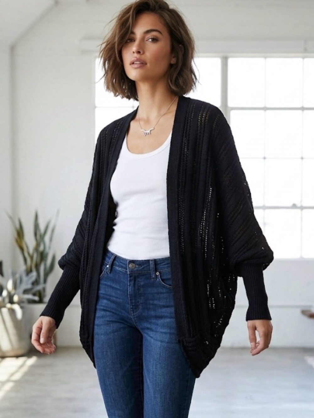 S-Twelve Black Open-Front Knit Cardigan